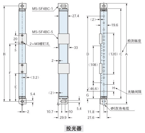 下图所示为已在背面安装标准安装支架MS-SF4BC-1(另售)）与标准中间固定支架MS-SF4BC-5(另售)后的状态。
