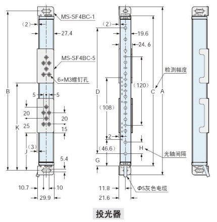 下图所示为已在侧面安装标准安装支架MS-SF4BC-1(另售)）与标准中间固定支架MS-SF4BC-5(另售)后的状态。