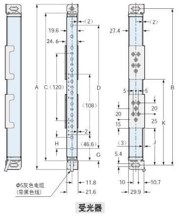 下图所示为已在侧面安装标准安装支架MS-SF4BC-1(另售)）与标准中间固定支架MS-SF4BC-5(另售)后的状态。