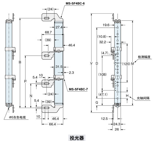 下图所示为安装了侧面安装支架MS-SF4BC-6(另售)）与侧面安装支架用中间固定支架MS-SF4BC-7(另售)后的状态。