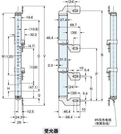 下图所示为安装了侧面安装支架MS-SF4BC-6(另售)）与侧面安装支架用中间固定支架MS-SF4BC-7(另售)后的状态。
